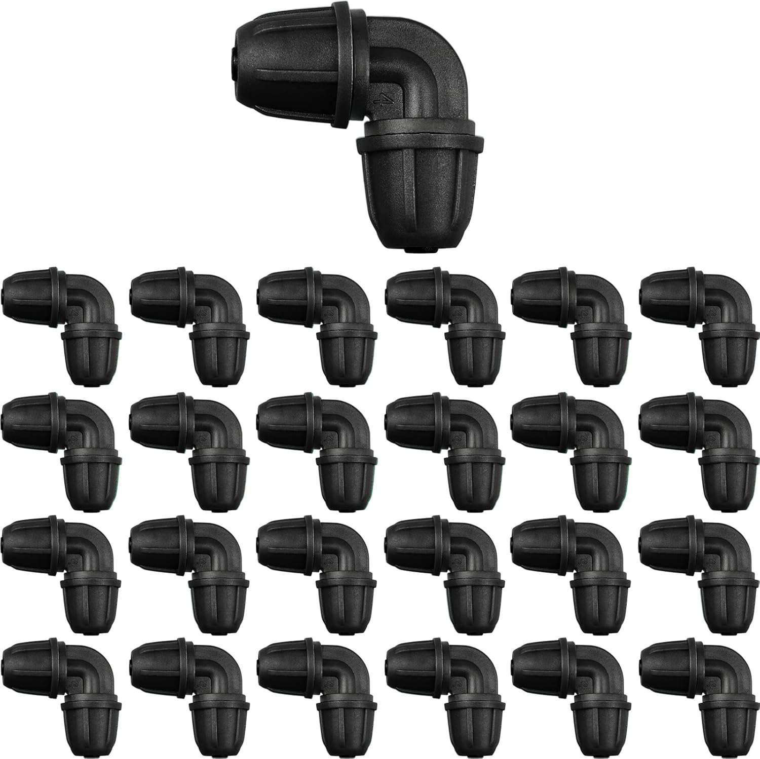 Drip Irrigation Fittings 1/4 Inch, Pack of 25 Barb Locking Elbows for 1/4 Inch Hoses, Drip Line Parts, Irrigation Connectors with Locking Nut for Drip Sprinklers, Garden and Lawn Watering Systems, Black - Image 1