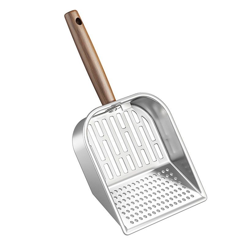 Cat Litter Scoop - Stainless Steel - Double Hole Design - Long Wooden Handle - Hanging Storage - 1 Pack - Image 1