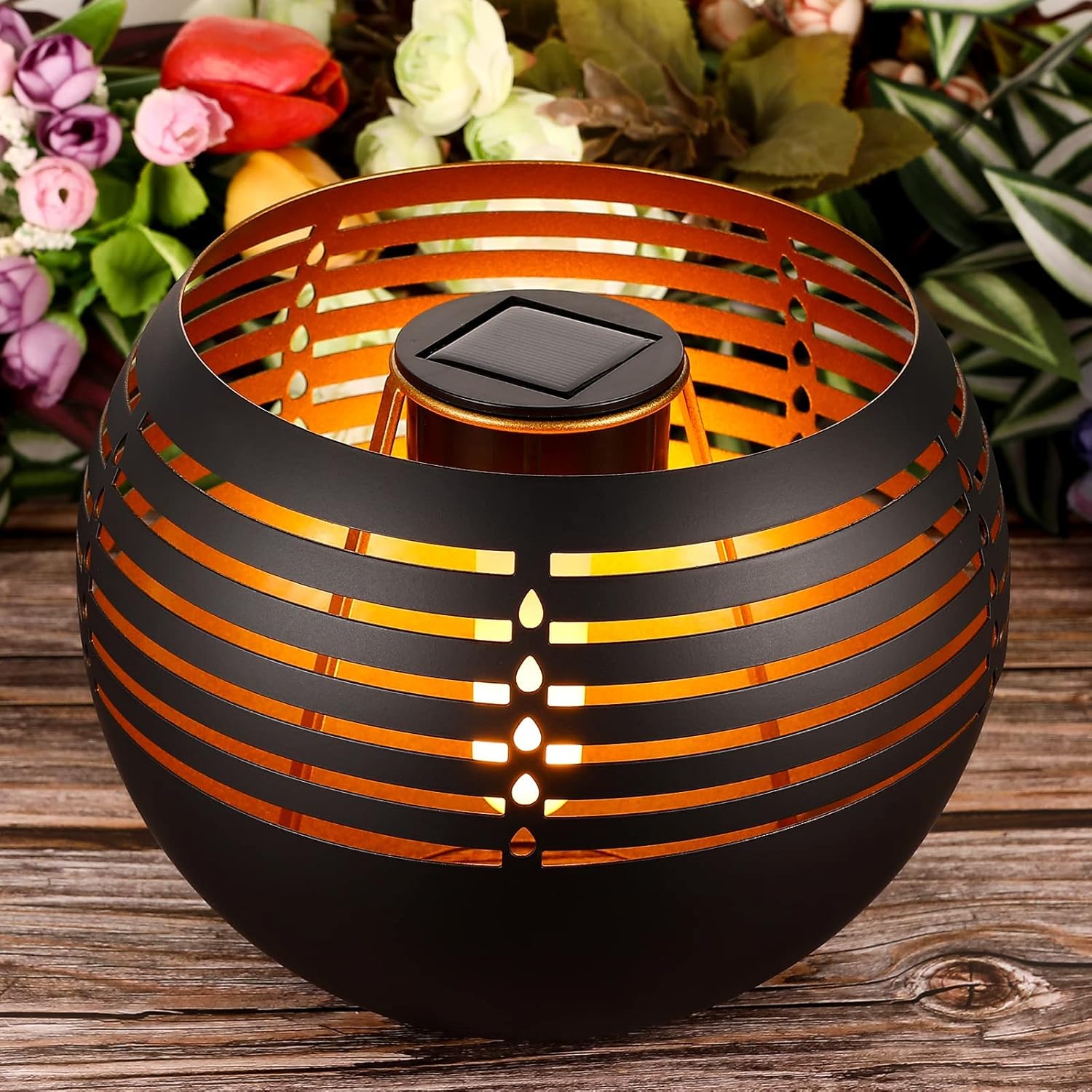 Waterproof outdoor solar lanterns, solar table lamp for outdoor patio, metal pot with warm yellow dancing and flickering flame light, decorative LED table lamp for garden decor, landscape, yard - Image 1