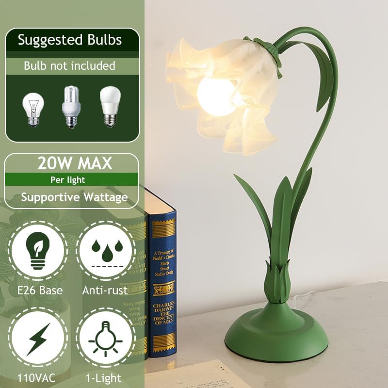 Green glass table lamp, flower table lamp, modern flower shape, metal top with glass lampshade, bedside table, desk lamp for bedroom, girl's room, living room, bedroom, office (green) - Image 3