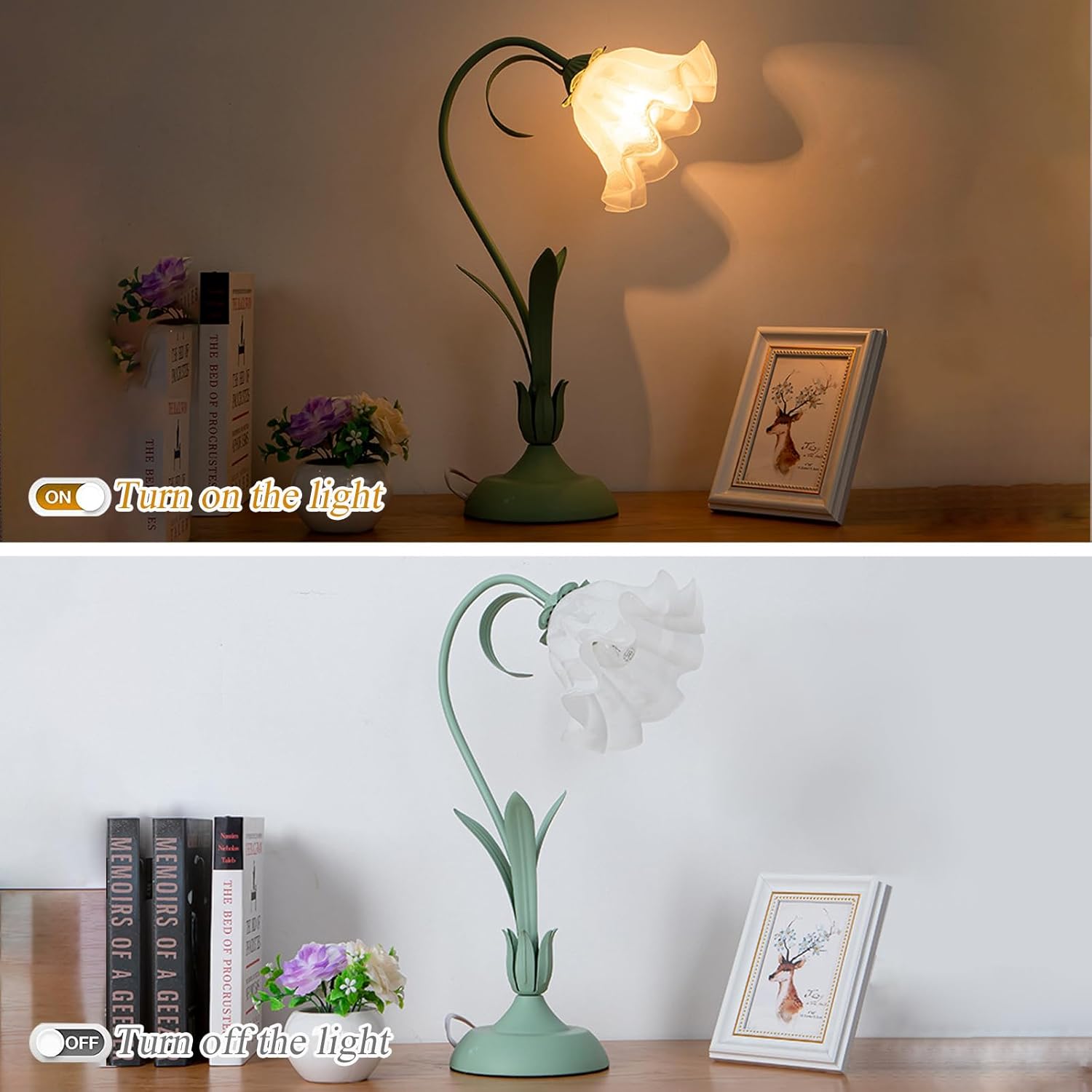 Green glass table lamp, flower table lamp, modern flower shape, metal top with glass lampshade, bedside table, desk lamp for bedroom, girl's room, living room, bedroom, office (green) - Image 5