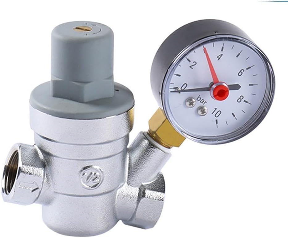 Adjustable pressure reducing valve with integrated pressure gauge for hot and cold water, brass pipe valve for home, commercial and industrial use (DN15) - Image 1