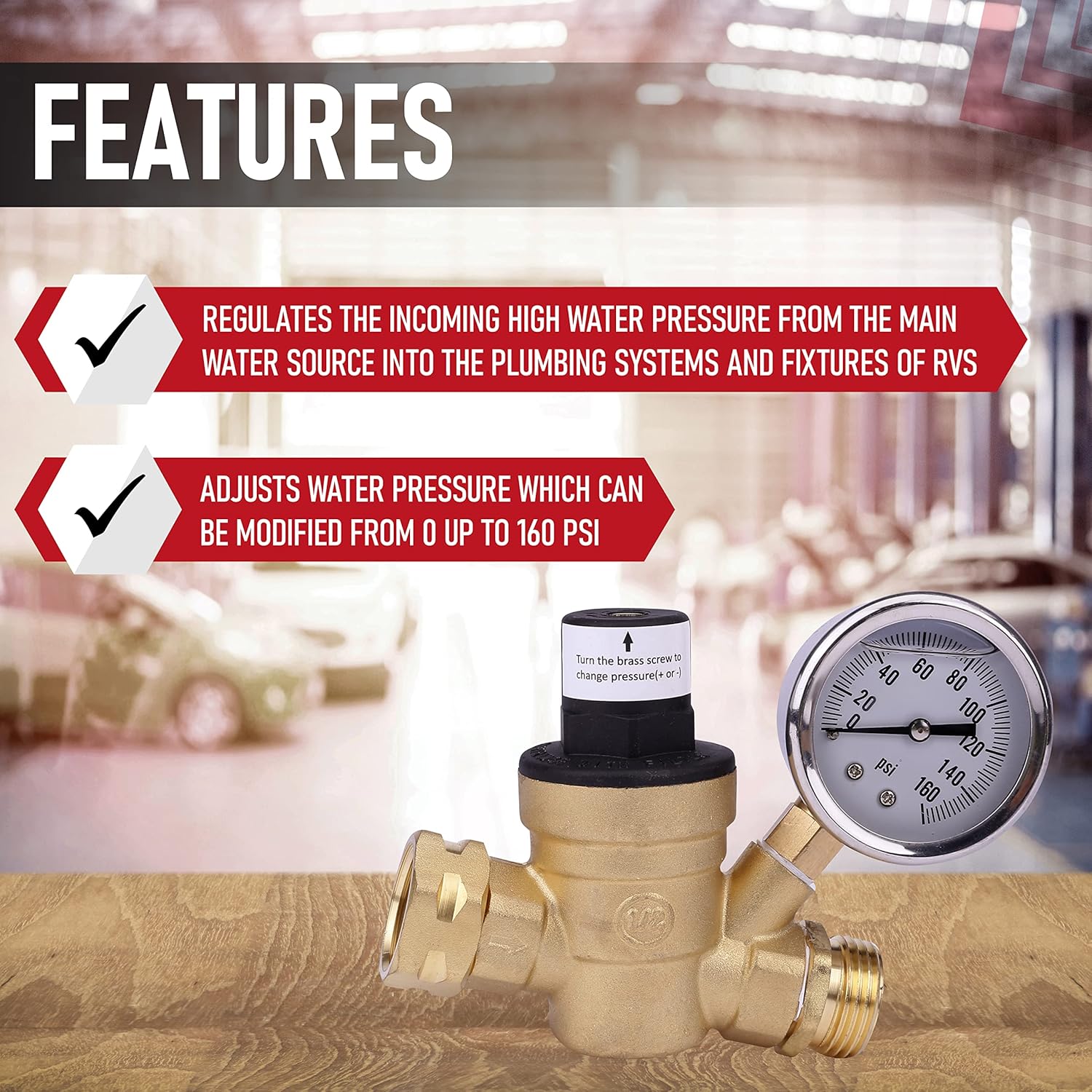 RV Water Pressure Regulator with Gauge Adjustable 3/4
