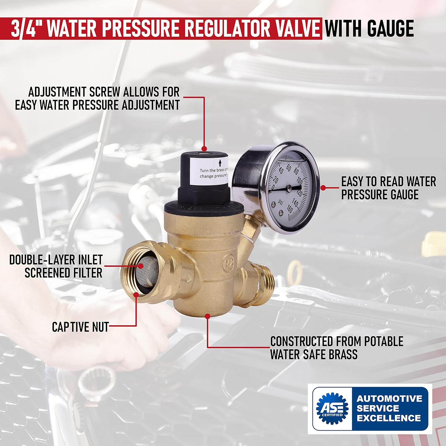 RV Water Pressure Regulator with Gauge Adjustable 3/4