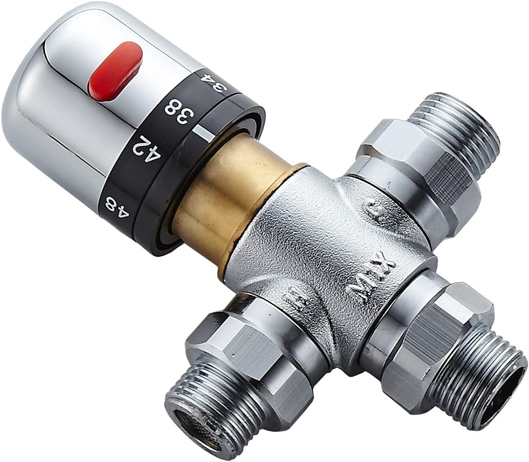 3-way thermostatic water mixer DN15, temperature control hot and cold, G1/2 NPS male connections, anti-scald temperature mixers for bathroom, under-sink taps, shower, bath, bidet (chrome) - Image 1