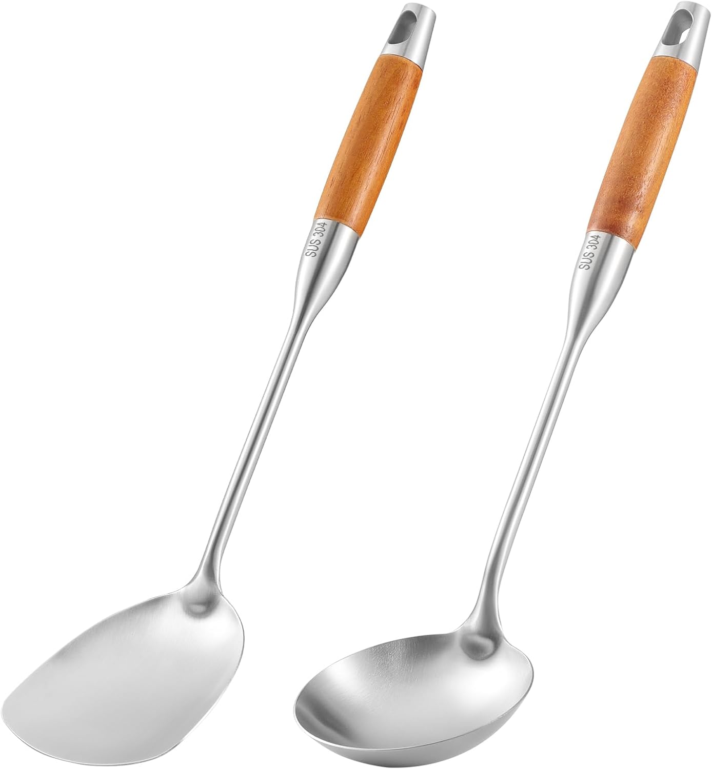 TsunNee 2PCS Stainless Steel Kitchen Utensil Set, 304 Stainless Steel Wok Spatula and Soup Ladle Set with Long Heat-Resistant Wooden Handle - Image 1