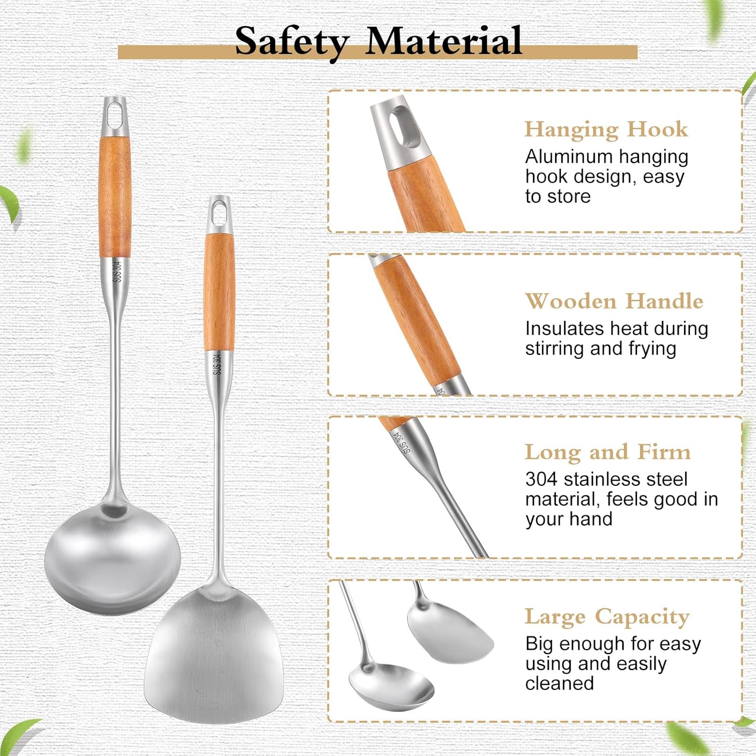 TsunNee 2PCS Stainless Steel Kitchen Utensil Set, 304 Stainless Steel Wok Spatula and Soup Ladle Set with Long Heat-Resistant Wooden Handle - Image 3