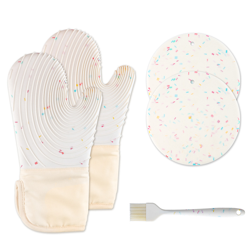 Quilted Cotton Terry Oven Mitts, Pot Holders, Kitchen Brushes, Set of 5, Heat Resistant, Silicone Handles, Shake - Image 1
