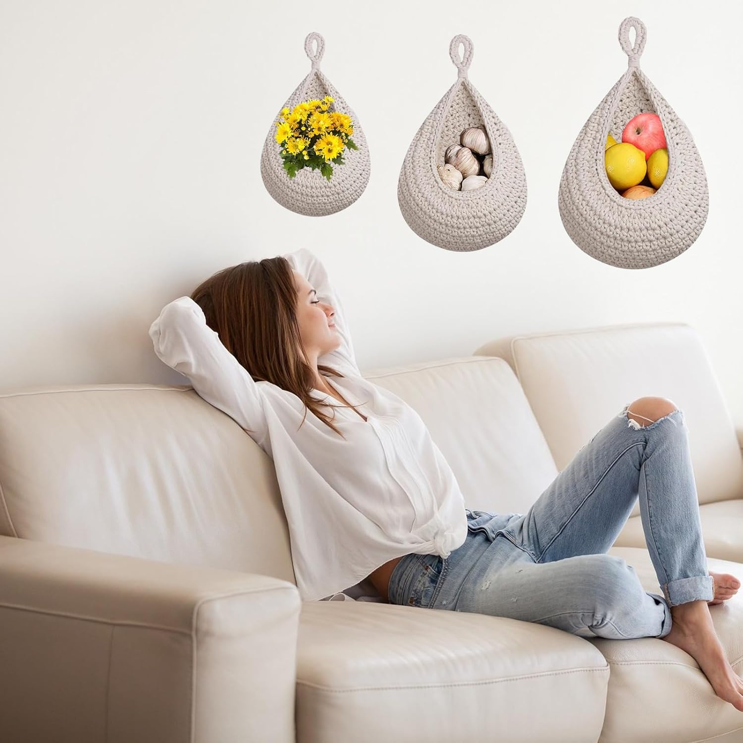 Hanging Storage Baskets - Set of 3 - For Kitchen and Bathroom - With Jute Design - Image 3