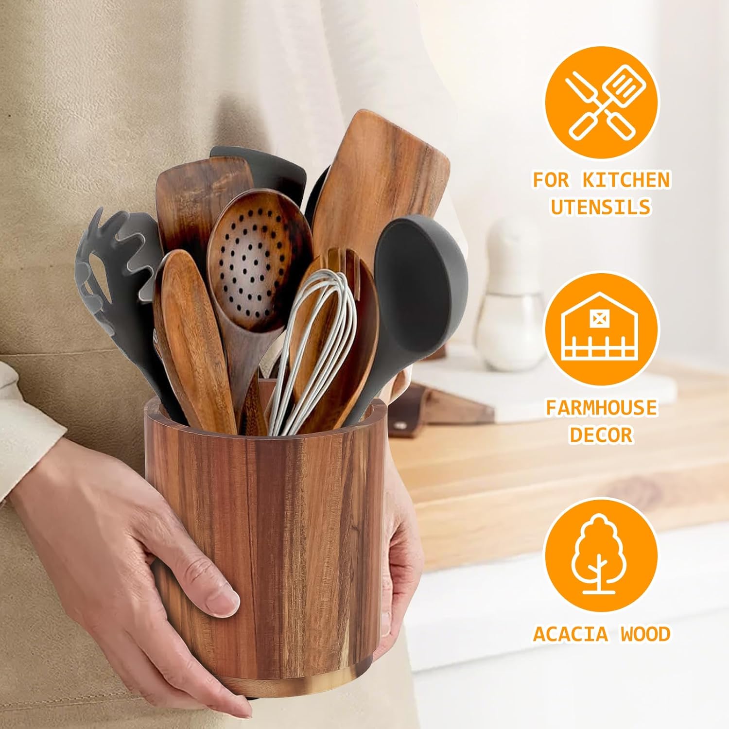 Kitchen Utensil Holder - Acacia Wood with 360 Degree Rotatable - Suitable for 15-20 Pieces - With Non-Slip Bottom - Round Organizer - Image 4