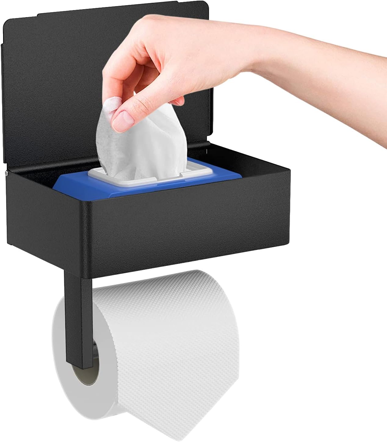Toilet Roll Holder - Black Stainless Steel - With Wet Wipe Holder - Self-Adhesive Mounting - For Bathroom and Kitchen - Image 1