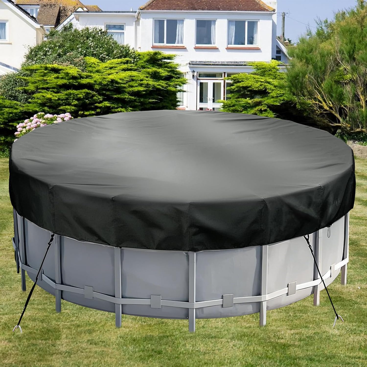 Round Pool Cover - Robust 420D Oxford Fabric Cover for Garden Pools with Drawstring - Waterproof Round Pool Cover with Winding Cord and Ground Pegs - 6 ft - Image 1