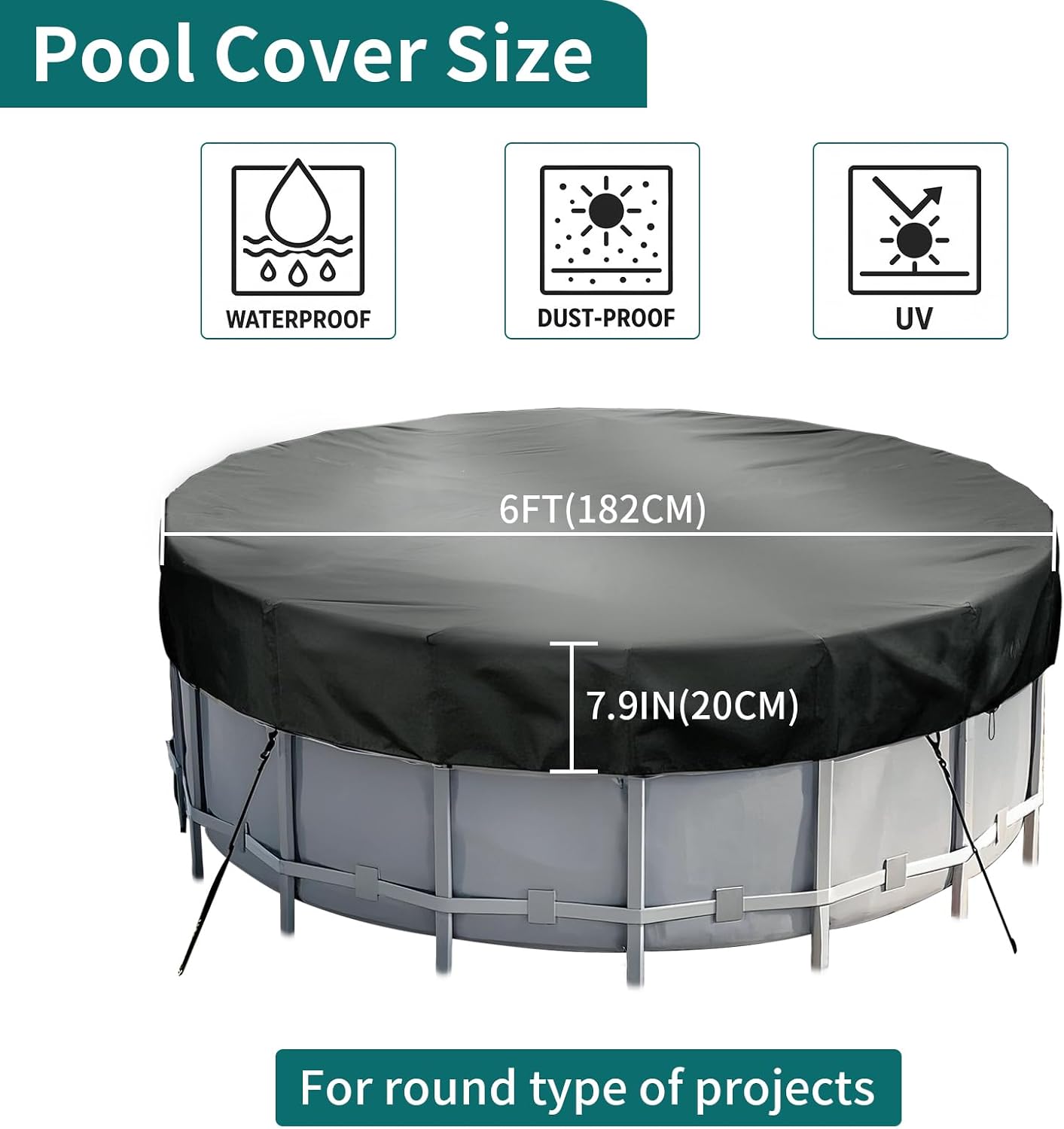 Round Pool Cover - Robust 420D Oxford Fabric Cover for Garden Pools with Drawstring - Waterproof Round Pool Cover with Winding Cord and Ground Pegs - 6 ft - Image 3