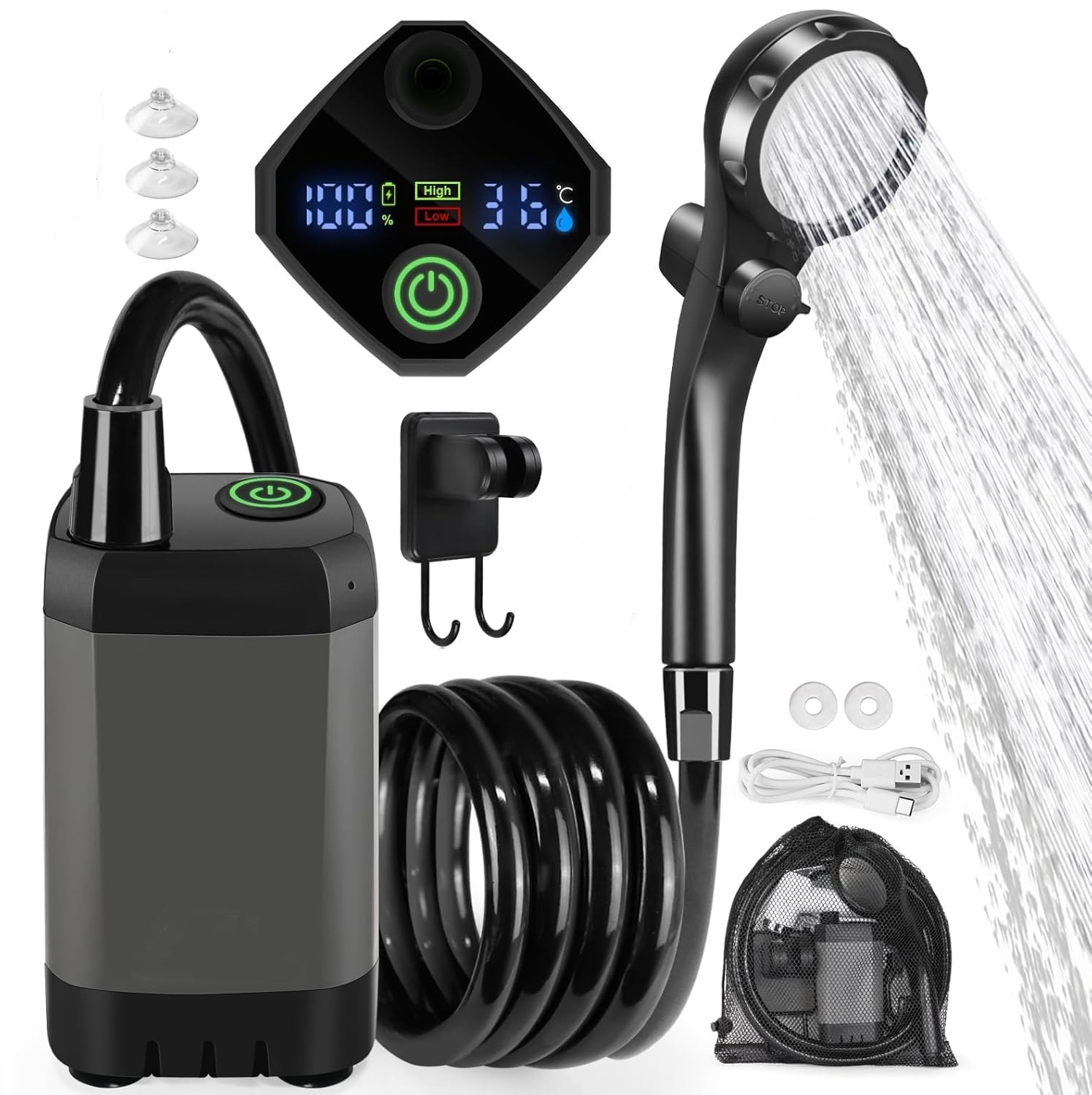 Portable Shower Pump with Rechargeable 6000mAh Battery - Outdoor Shower IPX7 Waterproof - With Temperature Display - Suitable for Camping, Car Washing and Pet Washing (Gray) - Image 1