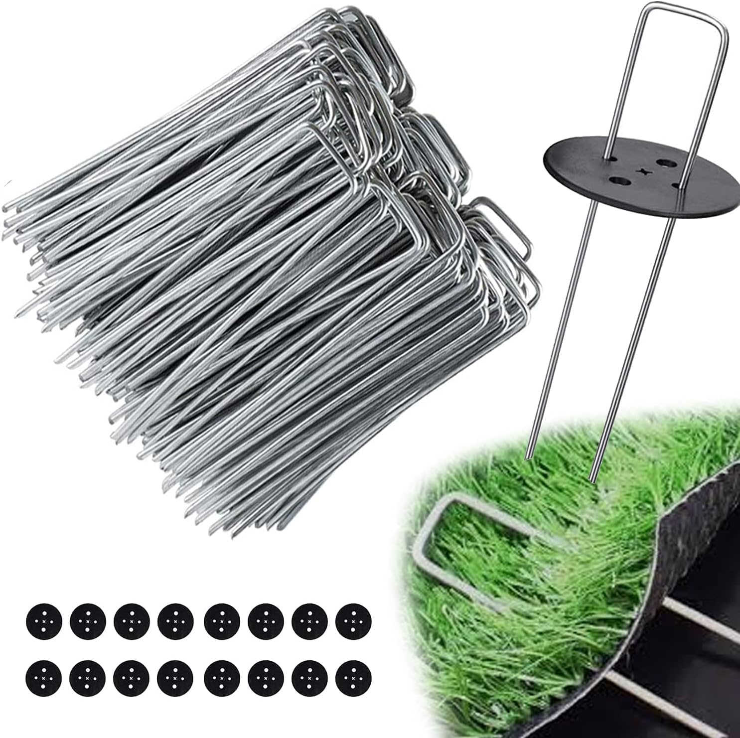 Weed Foil Spikes - U-shaped Ground Pegs - Garden - Artificial Grass - Ground Pegs, Tent, Heavy Metal - 100 pieces + 16 Buffer Rings - Image 1