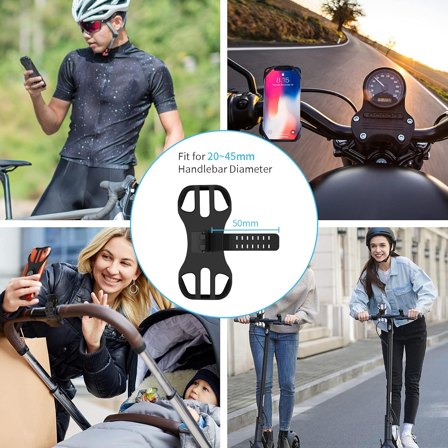 Universal detachable bicycle and motorcycle phone holder - 360° rotatable and adjustable bicycle phone holder - Suitable for phones from 4
