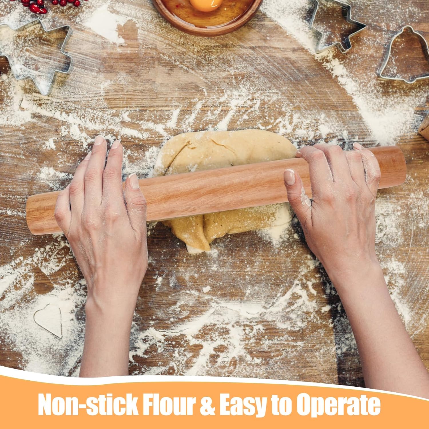 Rolling Pin - Beech Wood - Smooth Non-Stick Coating - Suitable for Baking Dough, Fudge, Pizza, Cookies, Bread - Professional Handleless - 30x2.7cm - Image 2