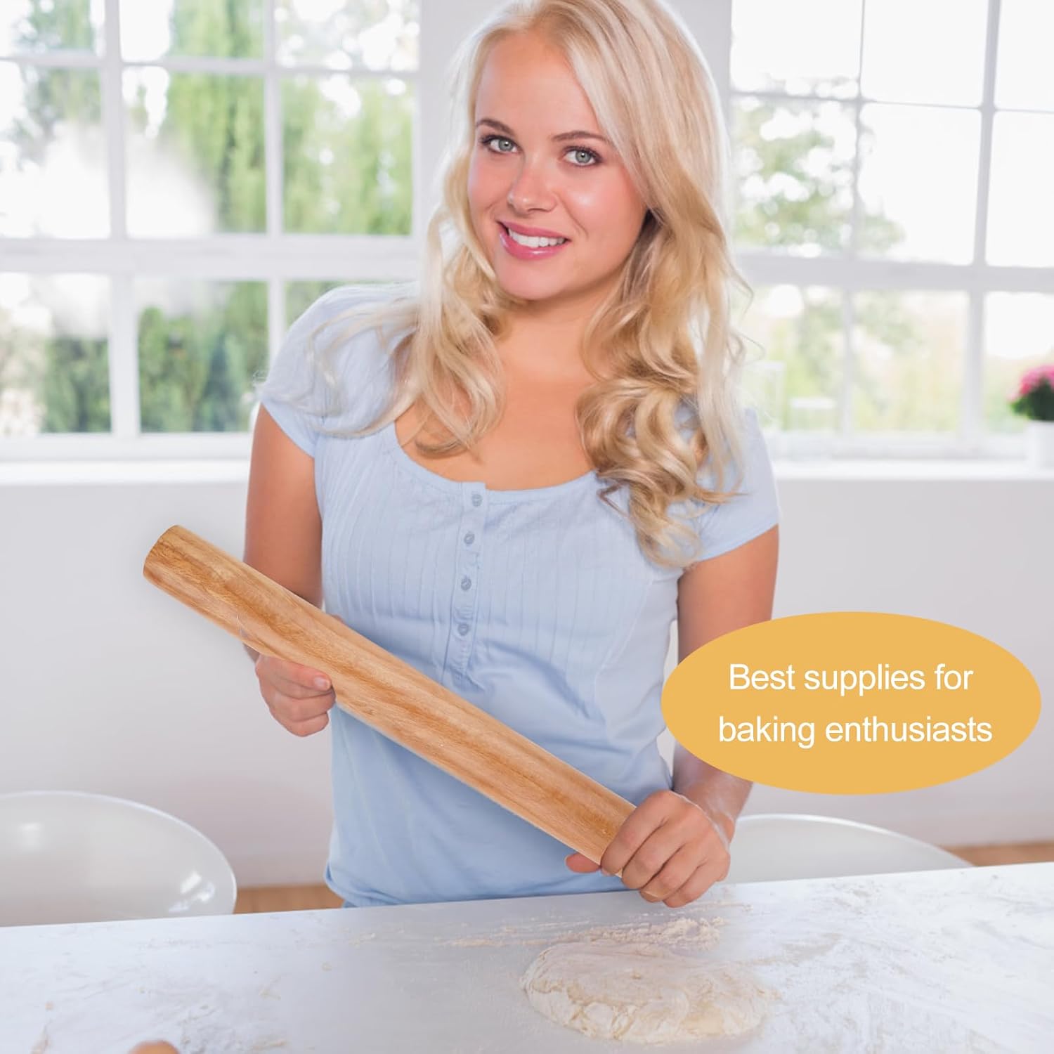 Rolling Pin - Beech Wood - Smooth Non-Stick Coating - Suitable for Baking Dough, Fudge, Pizza, Cookies, Bread - Professional Handleless - 30x2.7cm - Image 5