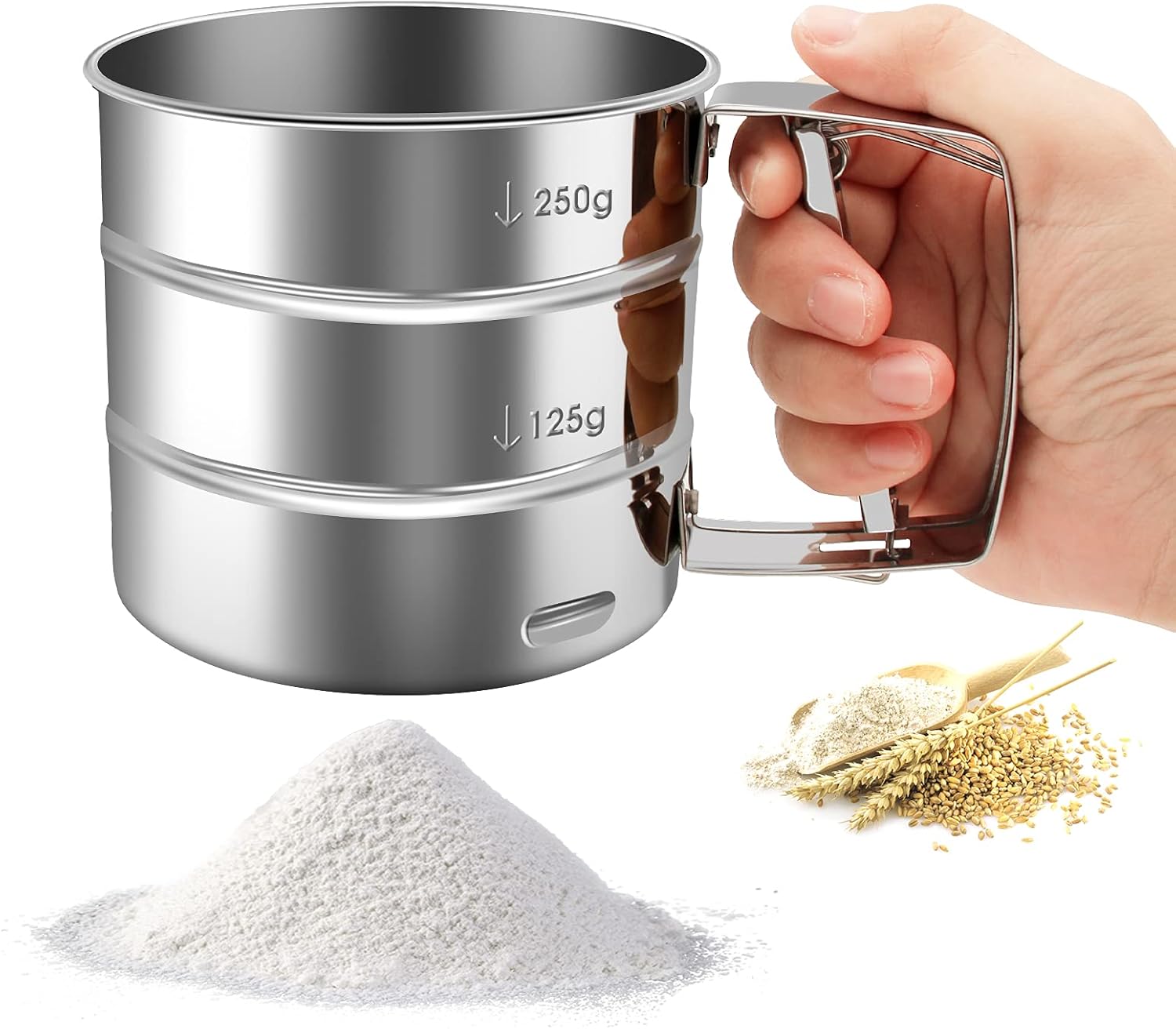 Flour Sieve - Stainless Steel Hand Flour Sieve - Manual Flour Press Cup for Home Kitchens - Large Baking Sieve Cup - For Icing Cake Flour - Silver - Image 1