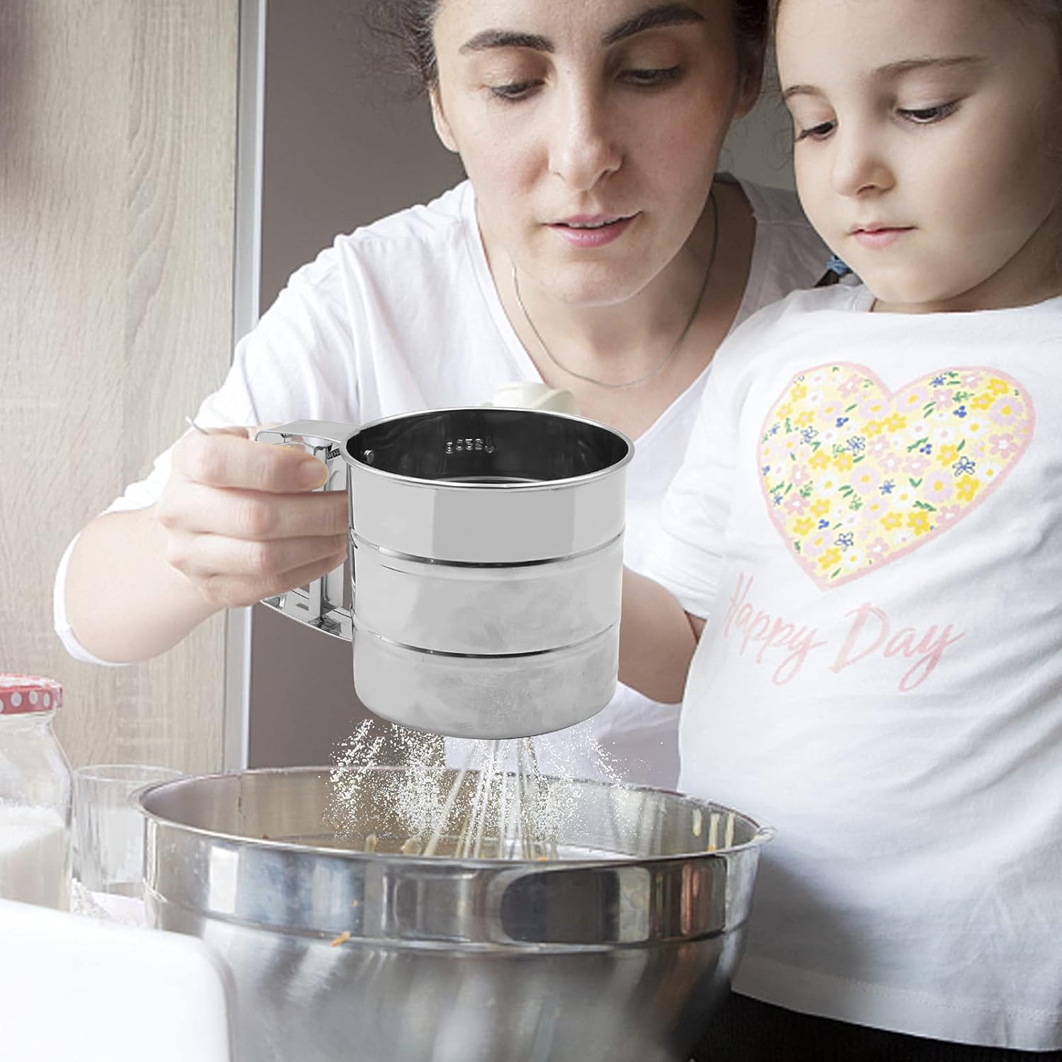Flour Sieve - Stainless Steel Hand Flour Sieve - Manual Flour Press Cup for Home Kitchens - Large Baking Sieve Cup - For Icing Cake Flour - Silver - Image 4