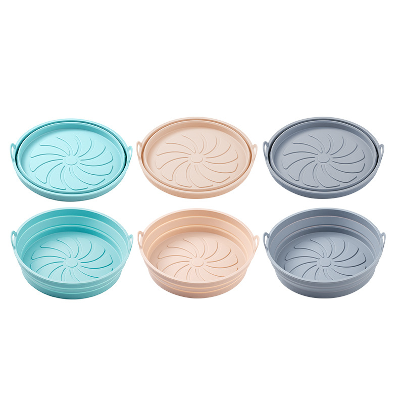 Airfryer silicone baking molds - reusable airfryer basket - baking tray - multifunctional round baking tray - microwave and oven safe - pink + gray + blue - 3 pieces - Image 1