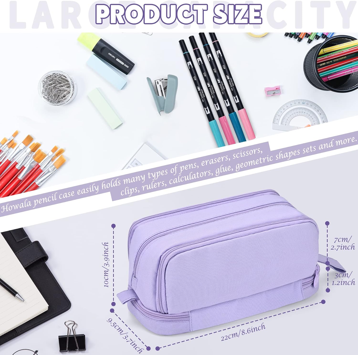 Pencil Case - Large Capacity Pencil Case - Suitable for Girls and Boys - With 4 Compartments - Multifunctional Pencil Case, Stationery Storage Bag, Office Cosmetic Bag - Portable Pencil Case - Suitable for Teens, Adults, Women and Men - Purple - Image 2