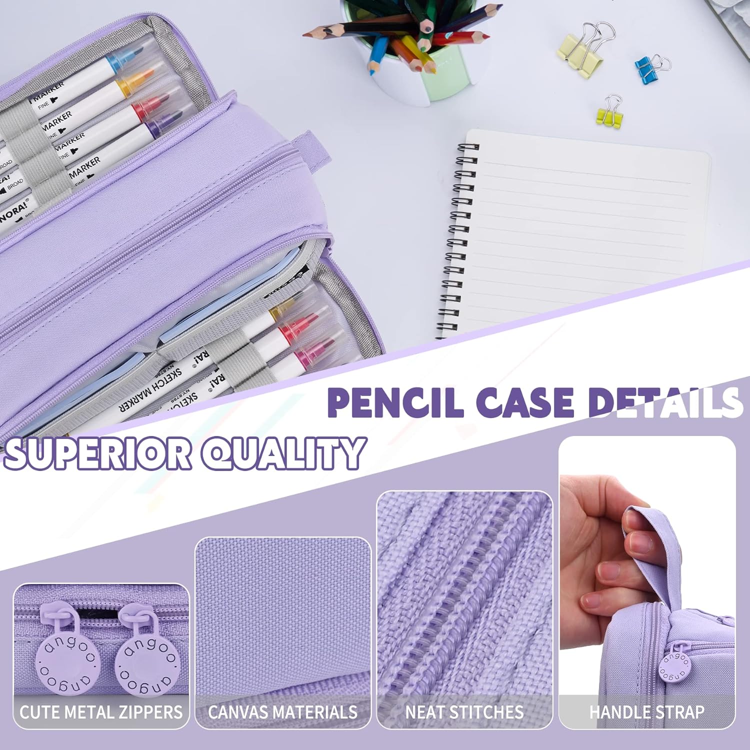 Pencil Case - Large Capacity Pencil Case - Suitable for Girls and Boys - With 4 Compartments - Multifunctional Pencil Case, Stationery Storage Bag, Office Cosmetic Bag - Portable Pencil Case - Suitable for Teens, Adults, Women and Men - Purple - Image 3