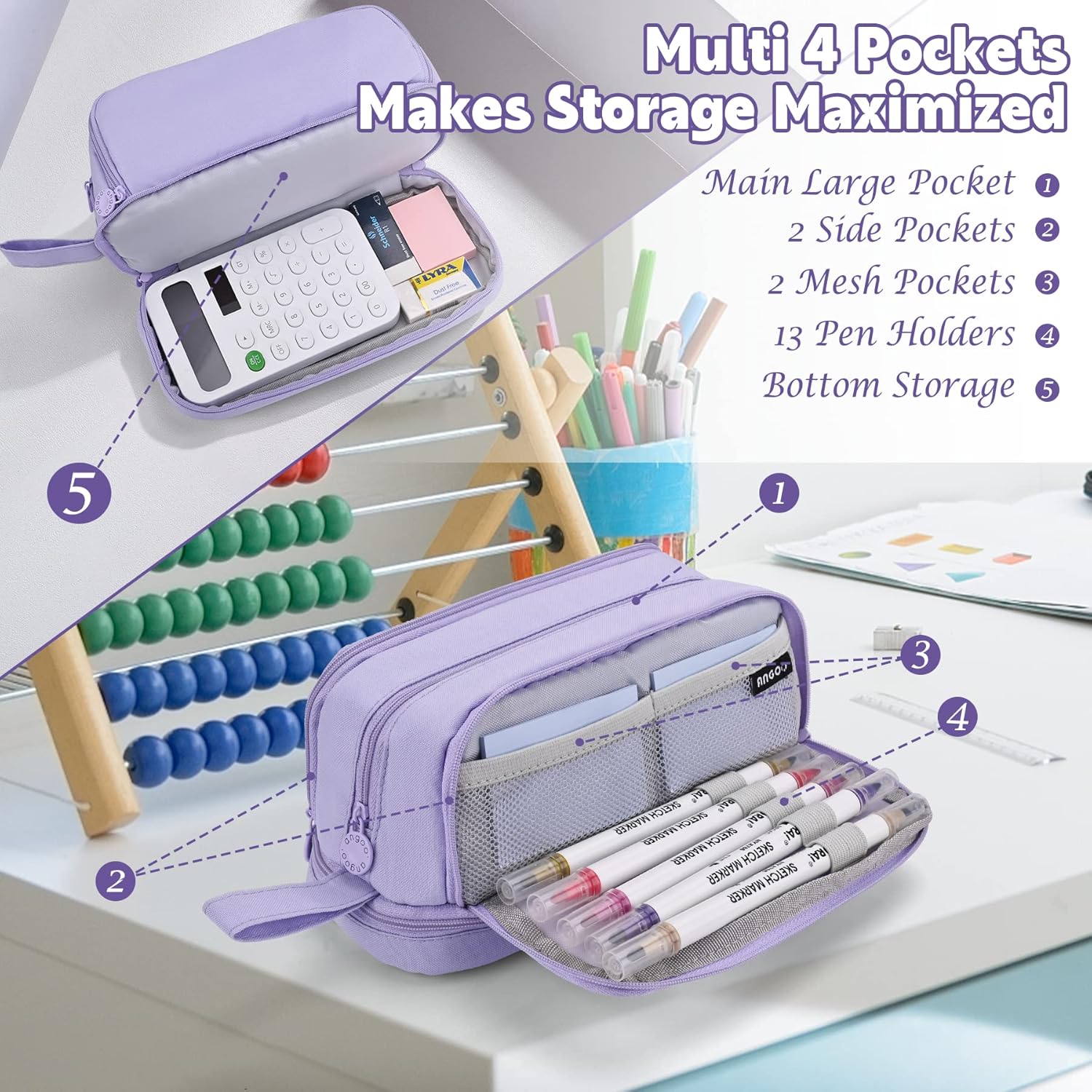 Pencil Case - Large Capacity Pencil Case - Suitable for Girls and Boys - With 4 Compartments - Multifunctional Pencil Case, Stationery Storage Bag, Office Cosmetic Bag - Portable Pencil Case - Suitable for Teens, Adults, Women and Men - Purple - Image 4