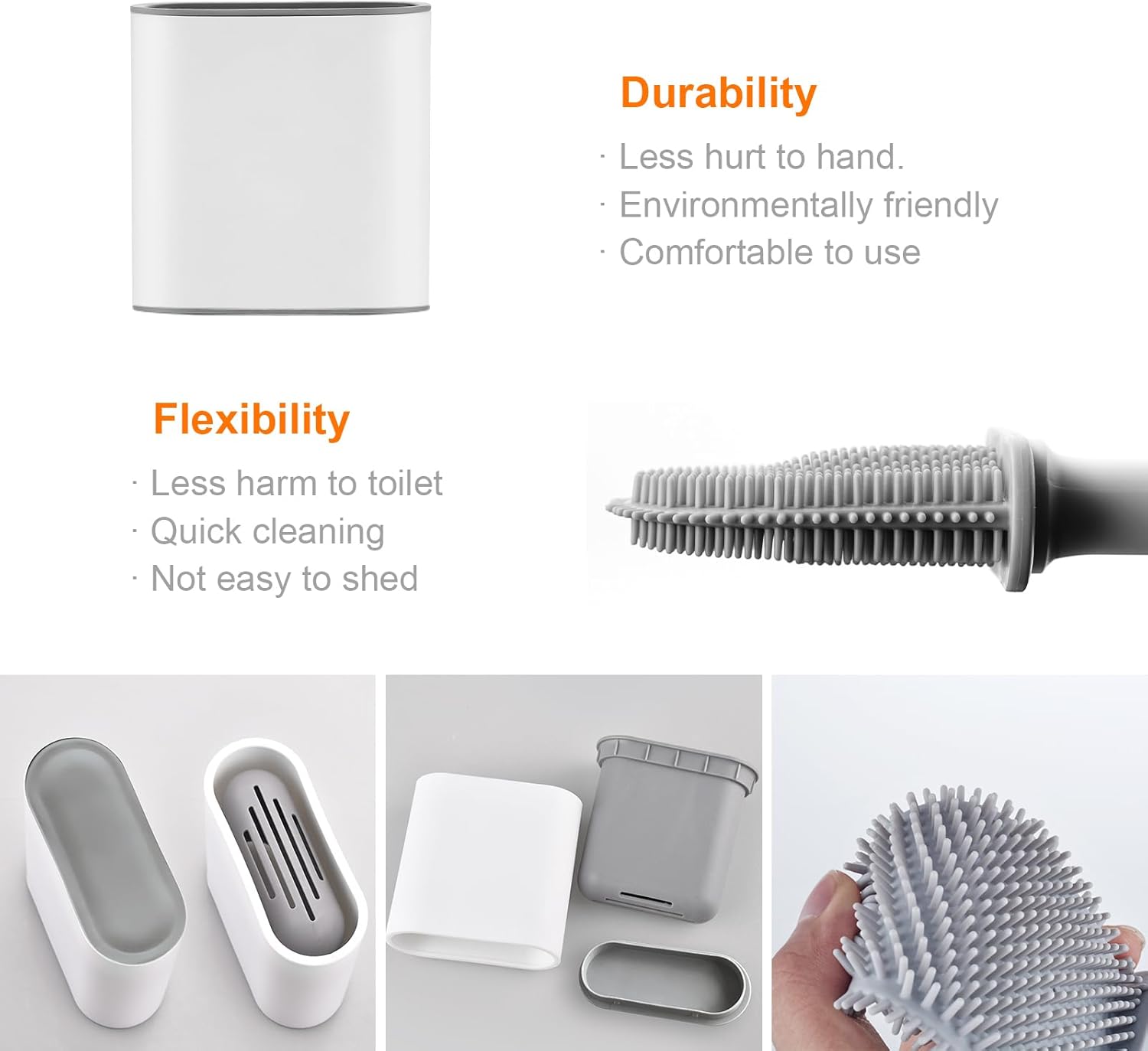 Toilet brush and holder - Deep cleaning silicone toilet brush - Flat toilet brush with long handle - Quick-drying toilet brush and holder - For bathroom - Floor/wall mounted - White - 11*8.5*13.8cm - Image 5