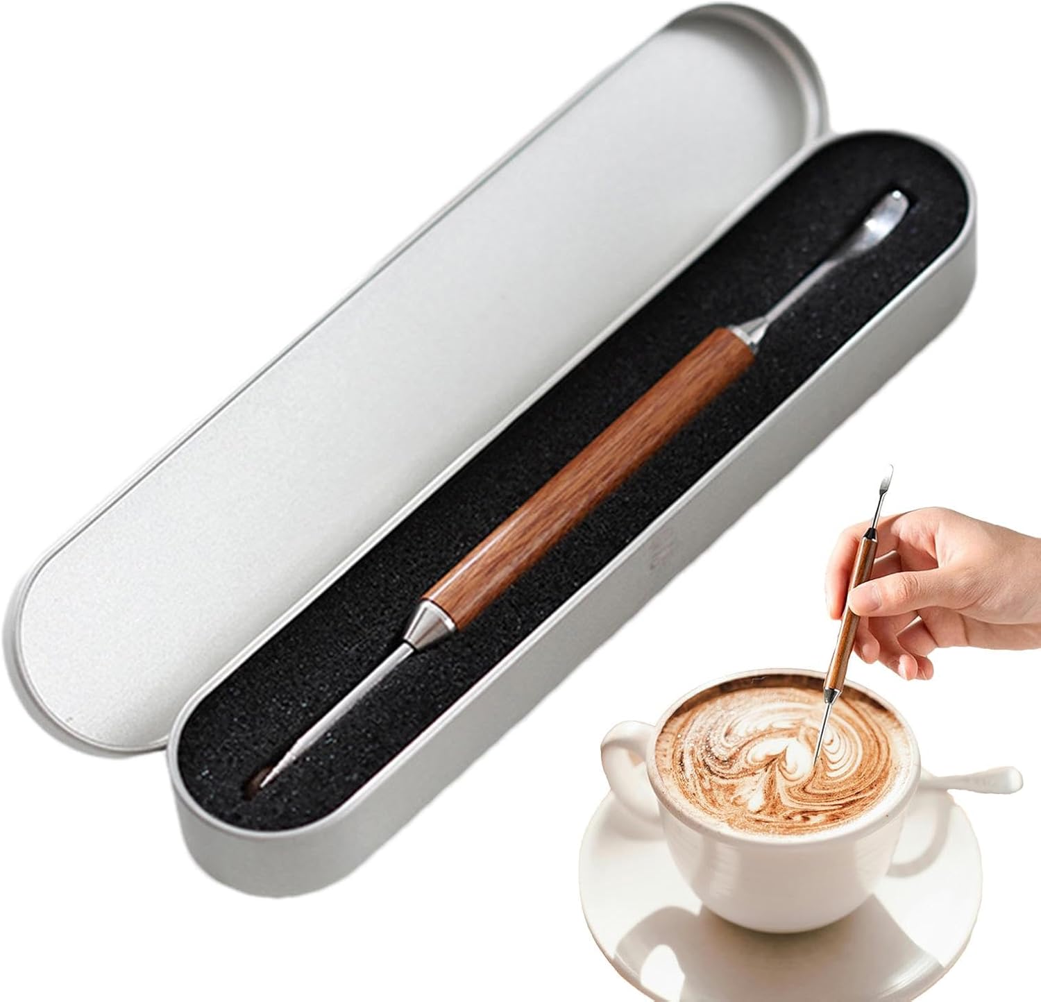 Coffee Latte Art Needle - 304 Stainless Steel Coffee Art Pen - Cappuccino Engraving Pen Double Head - Stainless Steel Espresso Tool - For Latte Decoration - With Wooden Handle - Image 1