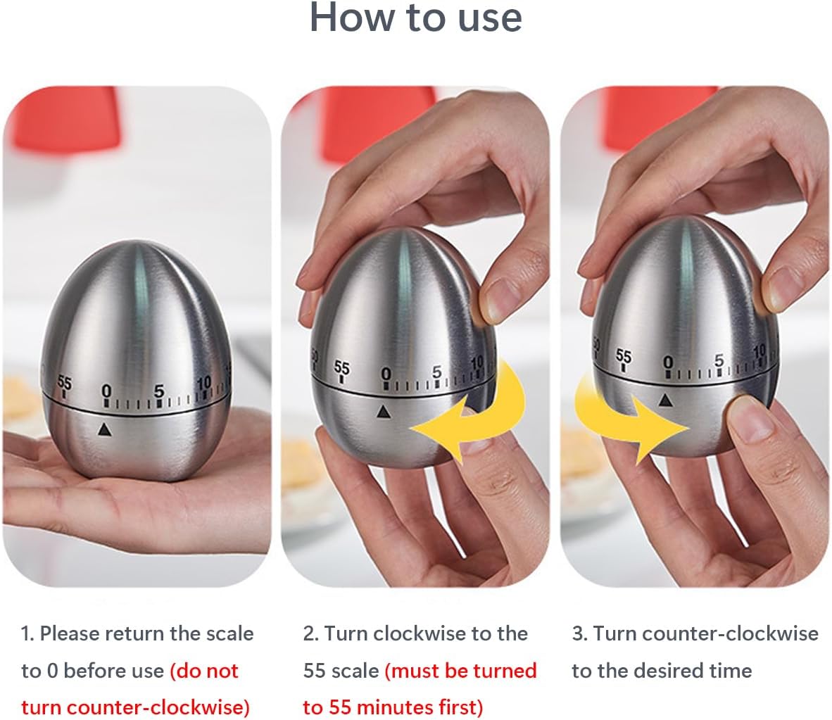 Egg Timer - Kitchen Timer - Analogue Kitchen Timer - Mechanical Kitchen Timer - Timer - Egg - Stainless Steel - Image 4