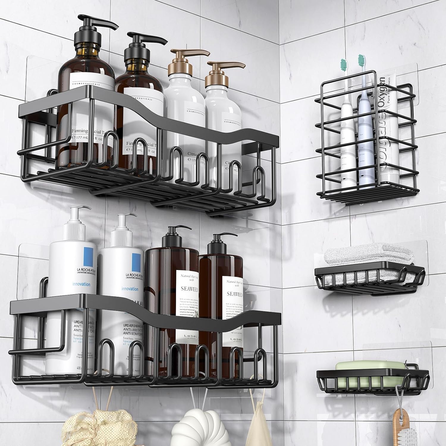 Self-Adhesive Shower Shelf - Rust-Resistant Stainless Steel Bathroom Organizer - No Drilling Required - Perfect for Bathroom Storage and Home Decor - XL - 5-Pack - Image 1