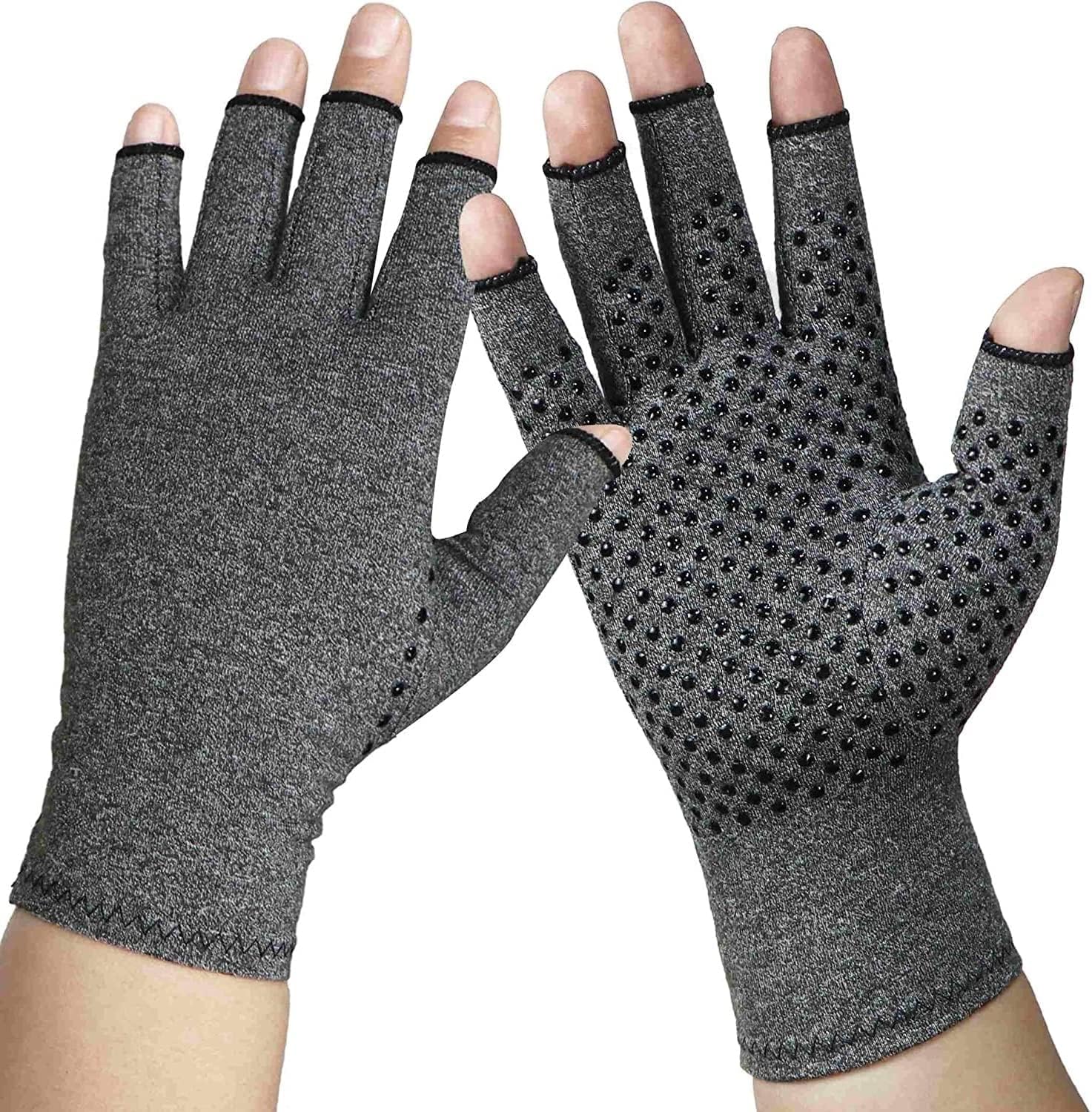 Rheumatism Gloves - Compression Gloves - Unisex - Osteoarthritis - Rheumatism - Arthritis - RSI - Carpal Tunnel Syndrome - L - Heather Grey Half Finger Gel - Image 1