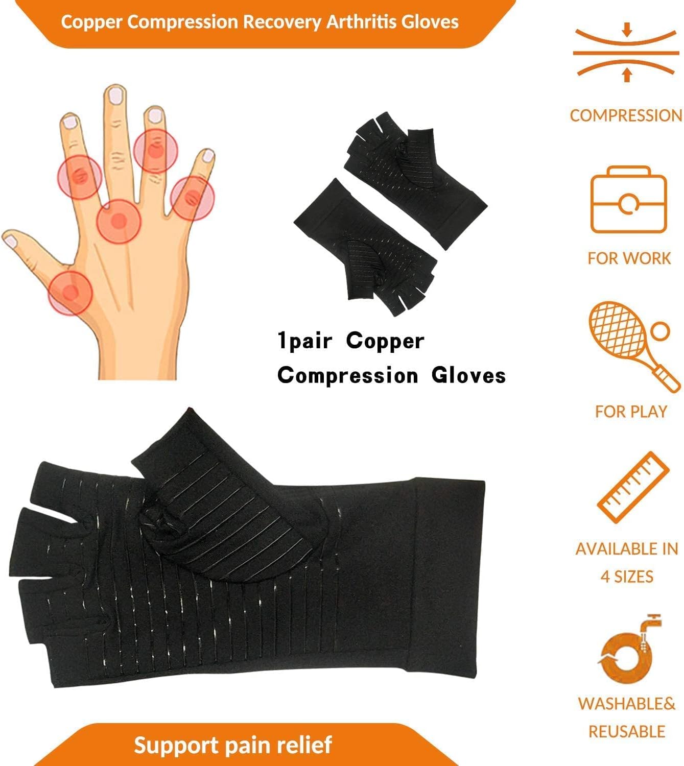 Rheumatism Gloves - Compression Gloves - Unisex - Osteoarthritis - Rheumatism - Arthritis - RSI - Carpal Tunnel Syndrome - M - Copper Half Finger - Image 2