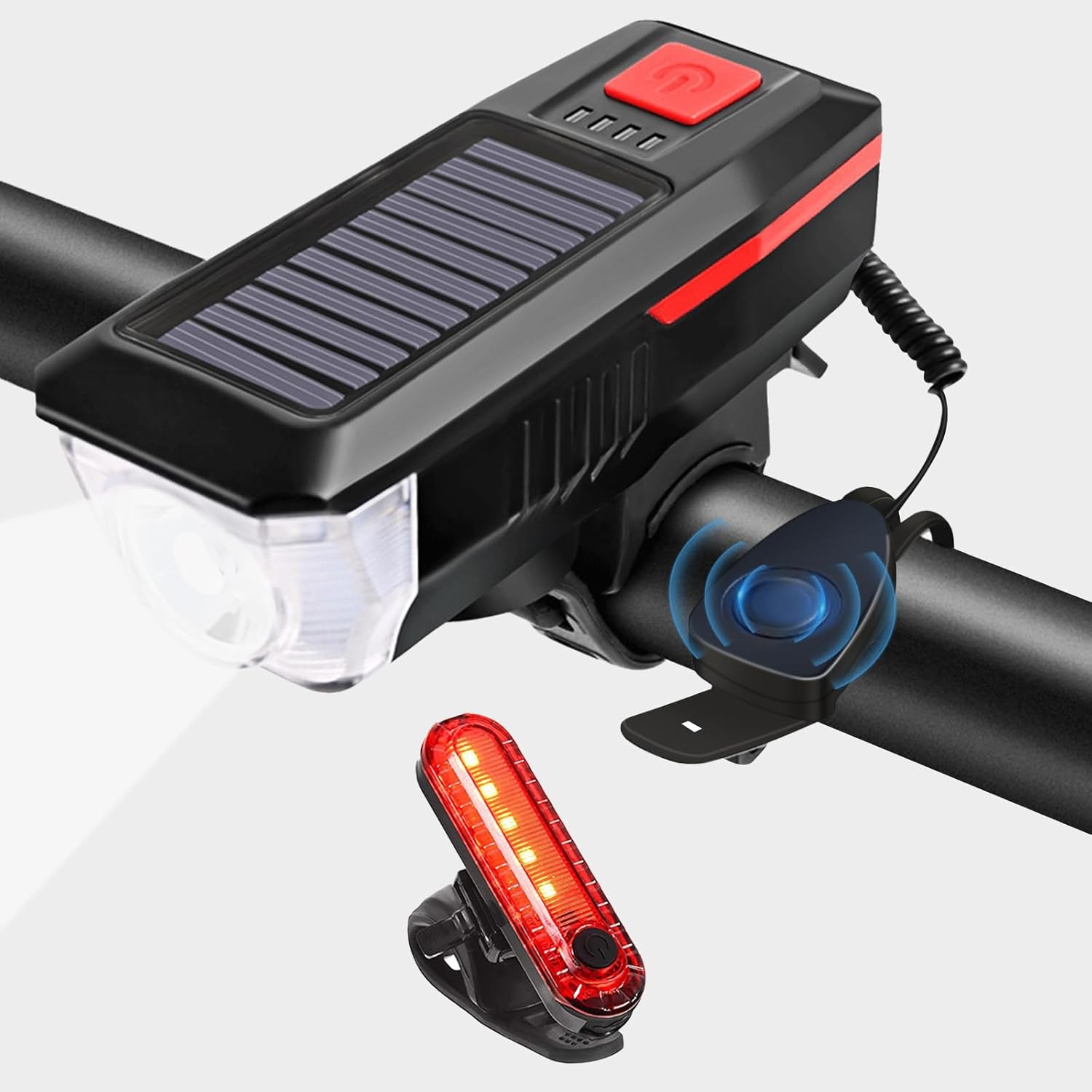 Bicycle Light - Rechargeable Solar Bike Light with 120dB Horn and 1500mAh Battery - USB and Solar Powered Rechargeable, 3 Lighting Modes and 4 Flashing Modes - Waterproof and Durable Bicycle Light for Front and Rear Light - Image 1