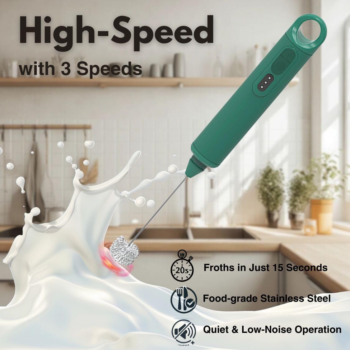 Rechargeable Milk Frother - Handheld Electric Milk Frother with 3 Speeds and 3 Interchangeable Beaters - For Coffee, Latte, Cappuccino, Eggs, Hot Chocolate - USB, Portable, Green - Image 3