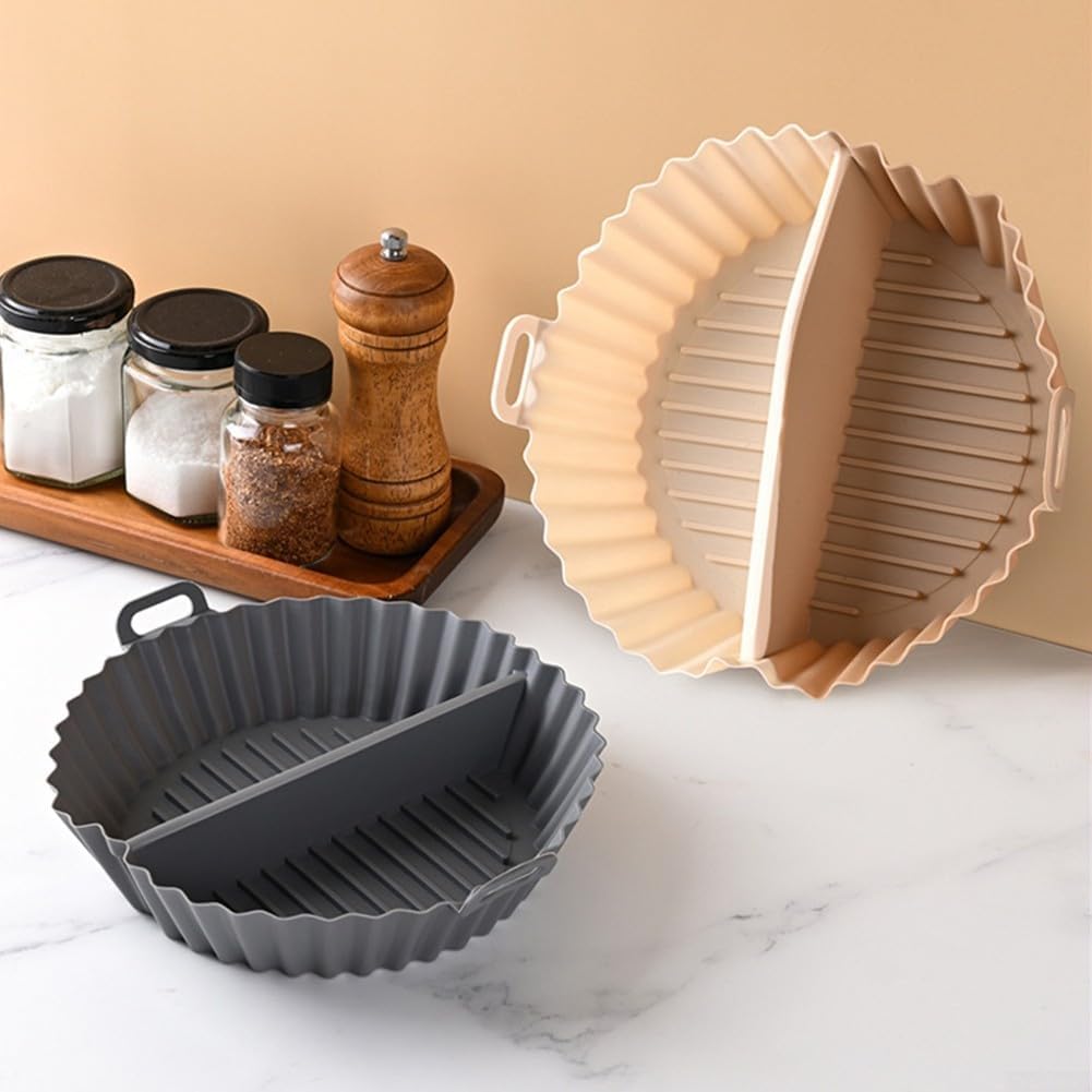 Airfryer baking tray – Airfryer accessories – Round Silicone Baking Tray with Division – Non-Stick Heat Resistant Baking Pan for Oven & Airfryer – Suitable for Cakes, Cookies & Muffins – 20×20×4.5 cm – Off White and Gray – 2 pieces - Image 1