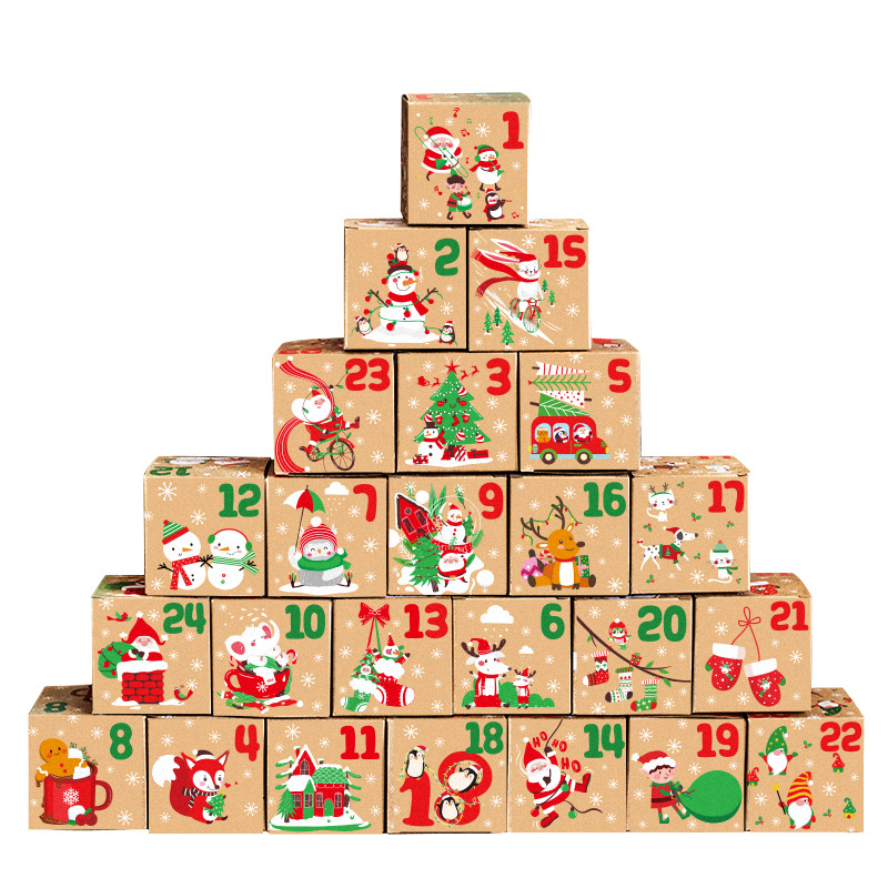 Christmas Box – Candy Boxes – 24 Piece Advent Calendar Gift Box Set – 7x7x7 cm Paper Countdown Boxes with Santa Claus & Snowman Designs – Perfect for Chocolates, Sweets & Small Gifts - Image 1