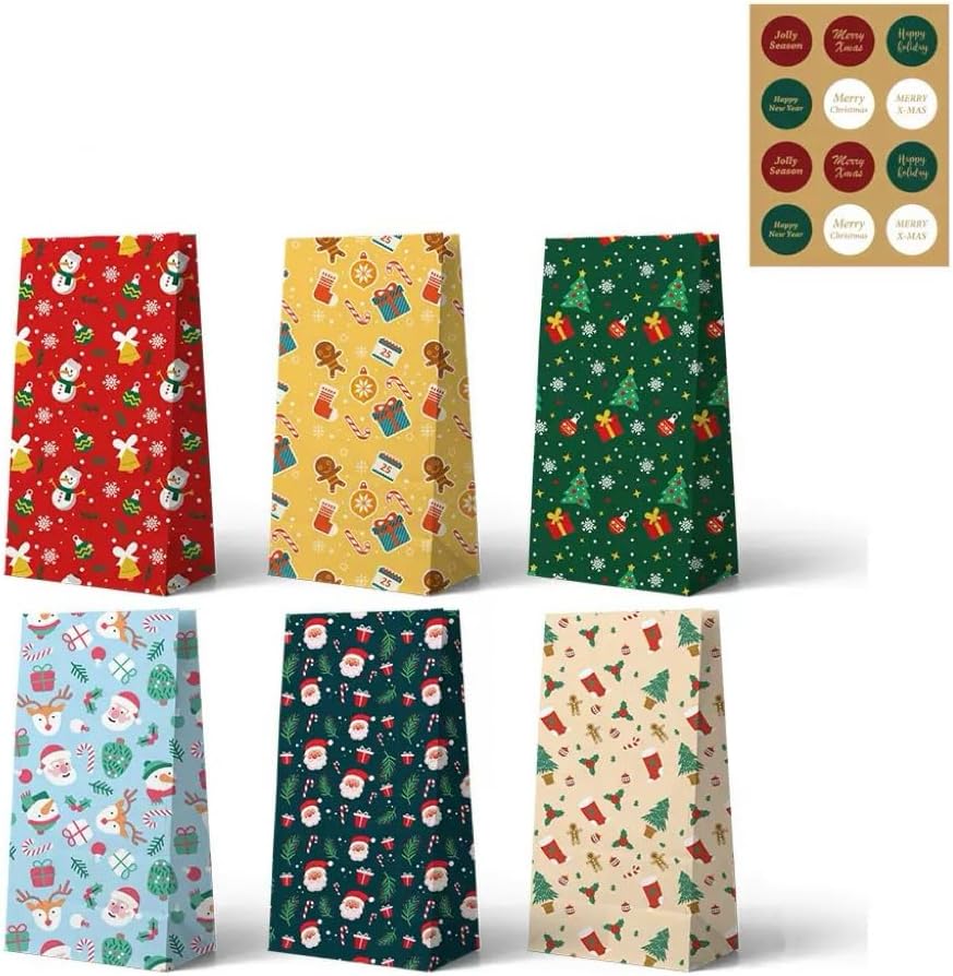 Paper Gift Bags – Christmas Gift Bags – 24 Count Christmas Gift Bags – Kraft Paper Christmas Bags with Festive Designs – Perfect for Small Presents, Sweets & Party Favors – With Stickers for Easy Sealing - Image 1