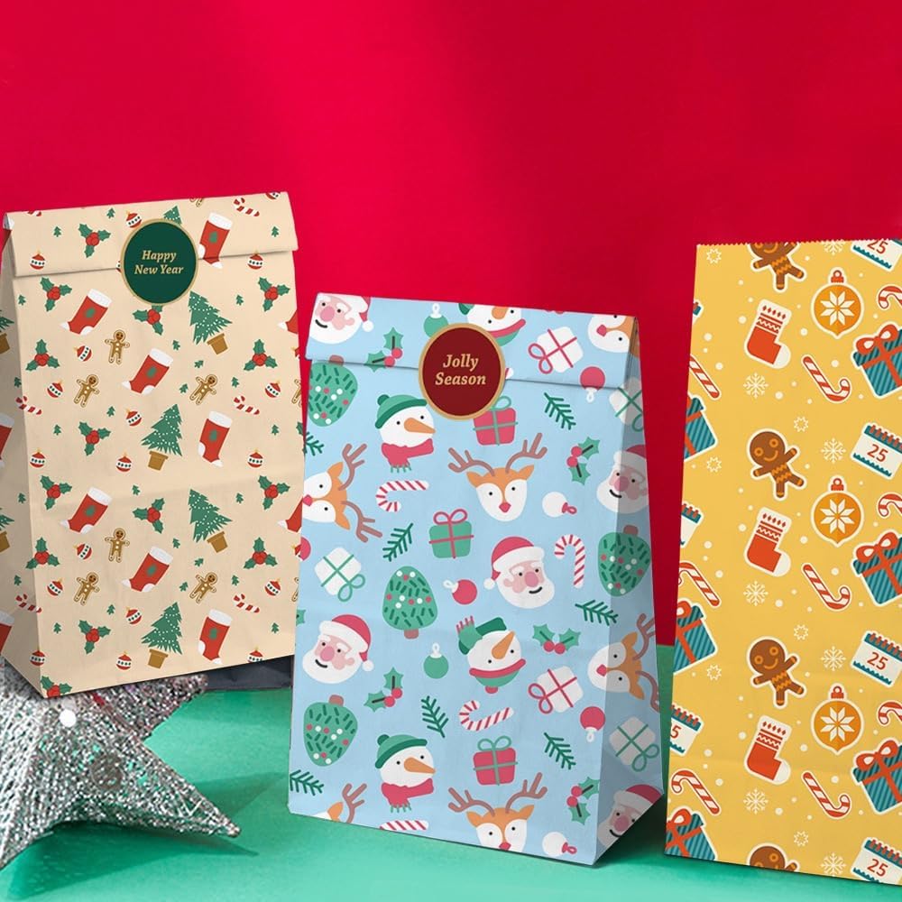 Paper Gift Bags – Christmas Gift Bags – 24 Count Christmas Gift Bags – Kraft Paper Christmas Bags with Festive Designs – Perfect for Small Presents, Sweets & Party Favors – With Stickers for Easy Sealing - Image 5