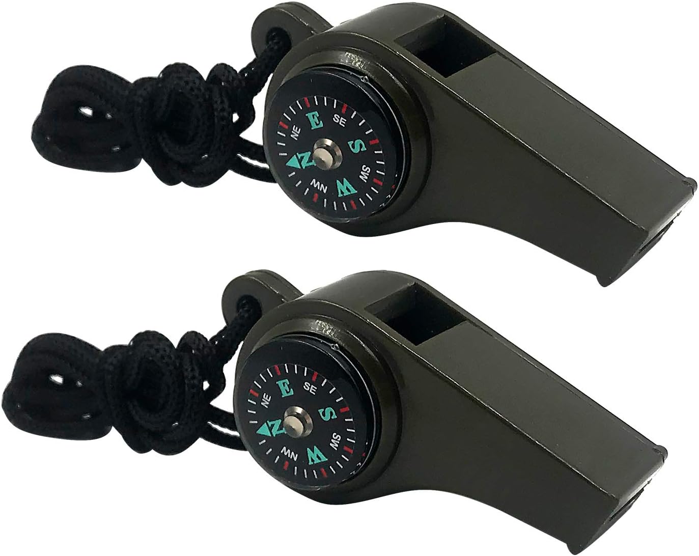 3-in-1 Emergency Whistle with Compass & Thermometer - Set of 2 - Includes Lanyard - Safety Whistle for Outdoor, Hiking & Camping - Green - Image 1