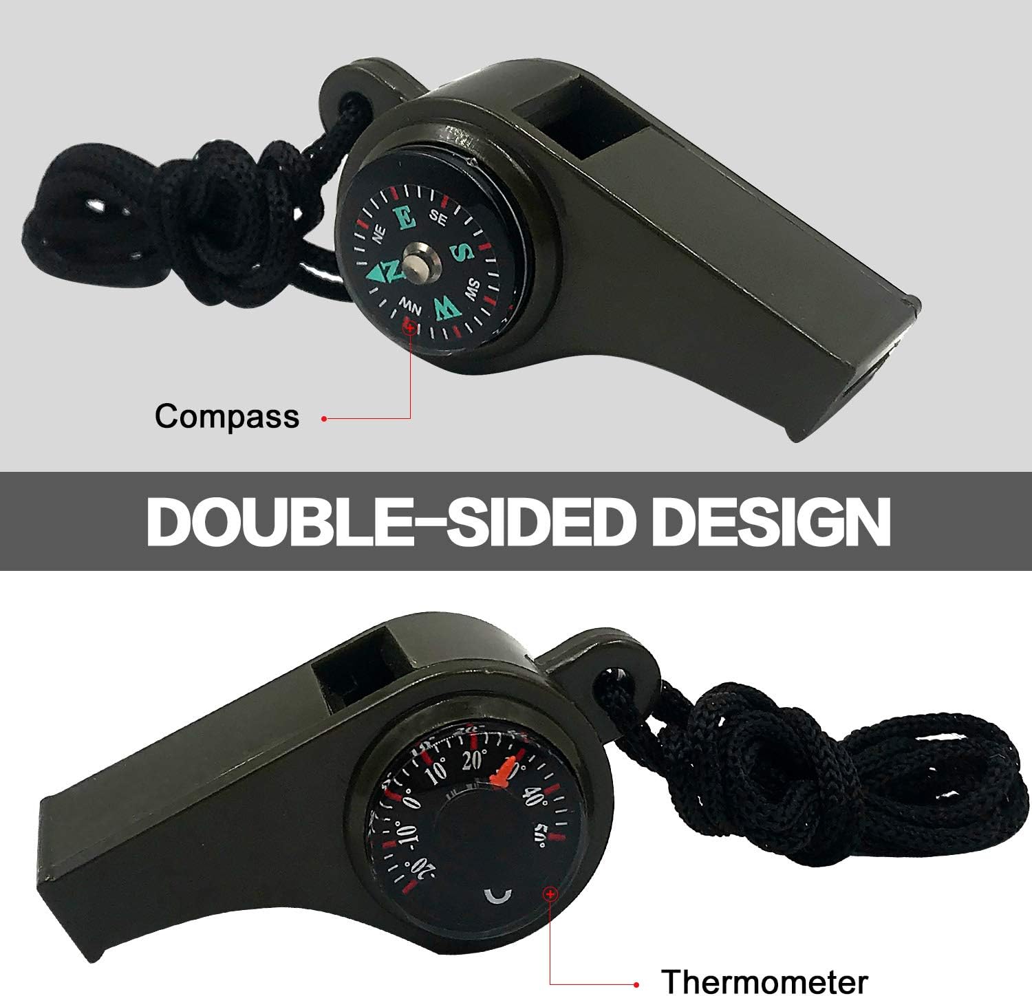 3-in-1 Emergency Whistle with Compass & Thermometer - Set of 2 - Includes Lanyard - Safety Whistle for Outdoor, Hiking & Camping - Green - Image 3