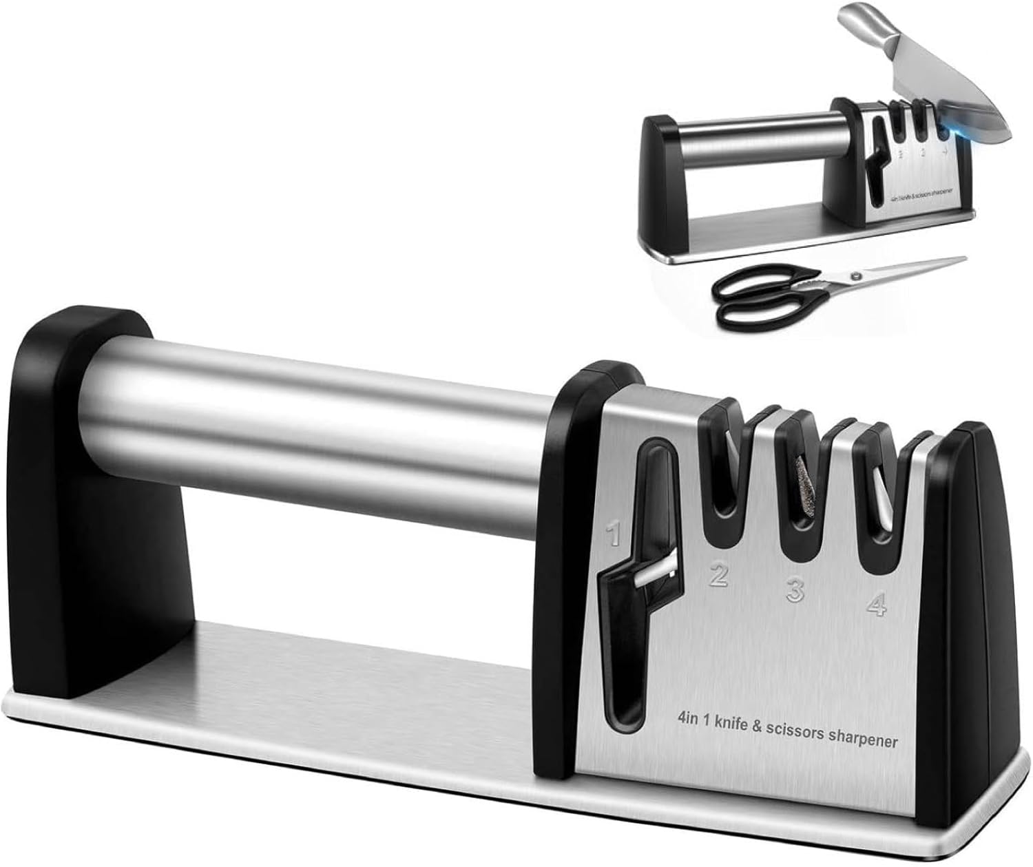 4-in-1 Knife Sharpener - With Scissor Sharpener - 3-Step Pull-Through Sharpener for Kitchen Knives - Anti-Slip & Ergonomic - Stainless Steel - Knife Sharpener - Image 1