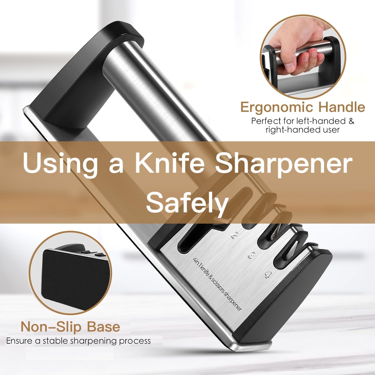 4-in-1 Knife Sharpener - With Scissor Sharpener - 3-Step Pull-Through Sharpener for Kitchen Knives - Anti-Slip & Ergonomic - Stainless Steel - Knife Sharpener - Image 4