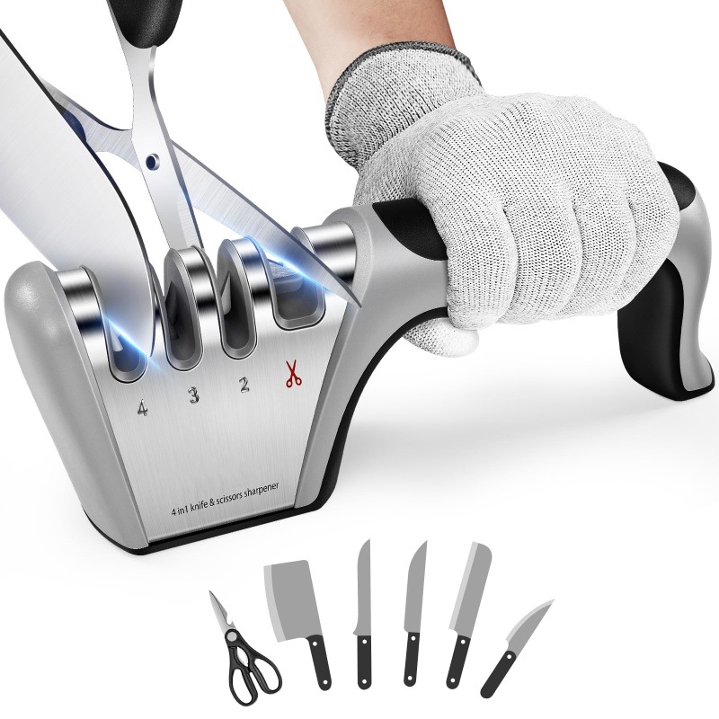 4-in-1 Knife Sharpener - Professional with Scissor Sharpener - 4-Position Pull-Through Sharpener for Kitchen Knives - Image 1