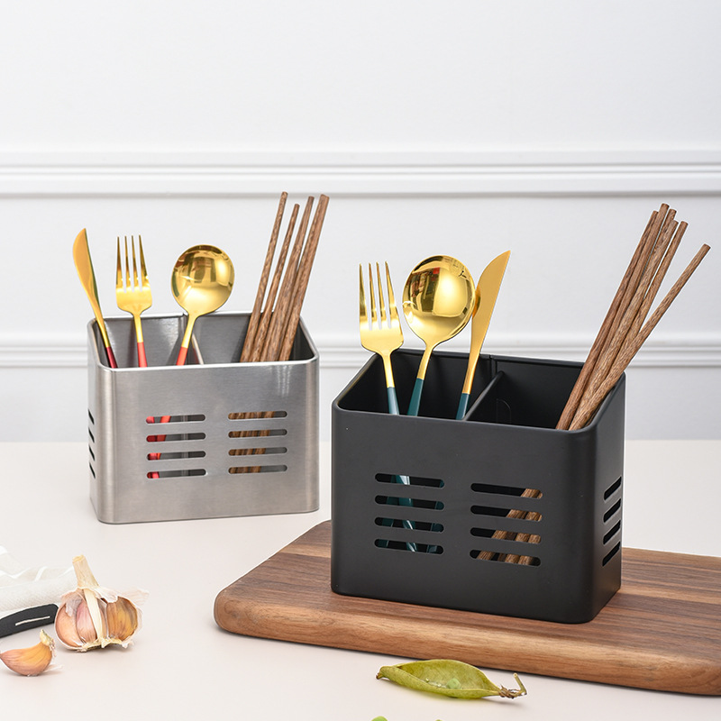 Set of 2 Cutlery Holders - Black & Silver - 430 Stainless Steel Cutlery Basket - Countertop Drainer - Modern & Rustproof - Image 1