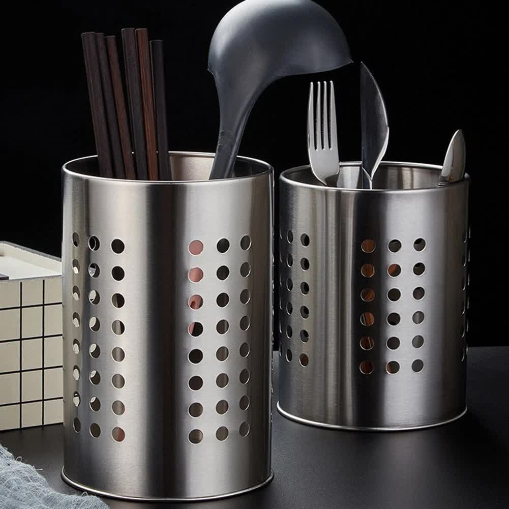 Stainless Steel Kitchen Utensil Holder Round - Spatula Holder for Countertop - 10 x 16.5 cm - Stainless Steel - Silver - Image 2