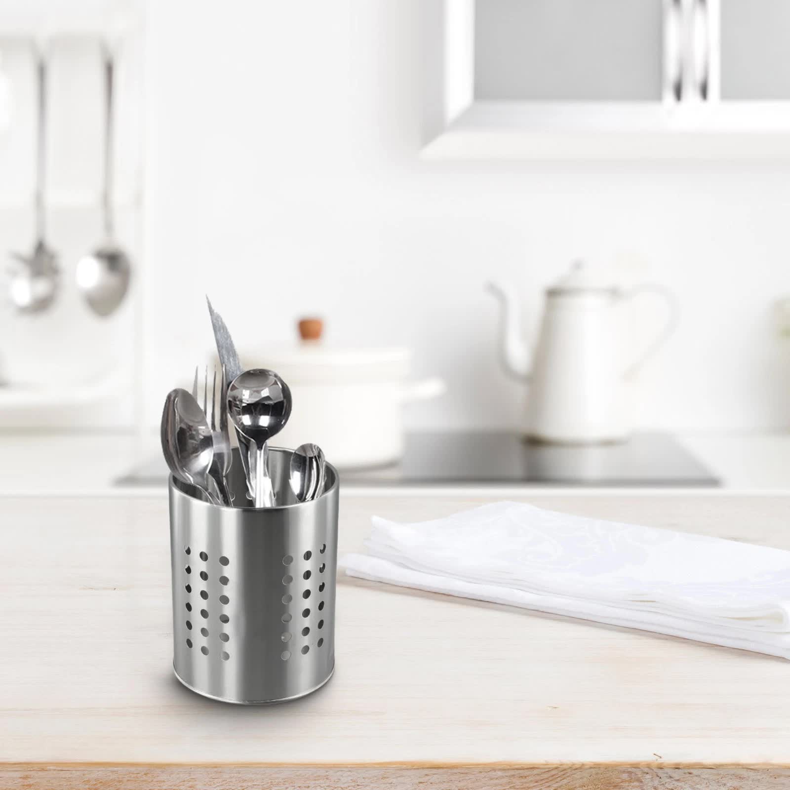 Stainless Steel Kitchen Utensil Holder Round - Spatula Holder for Countertop - 10 x 16.5 cm - Stainless Steel - Silver - Image 4