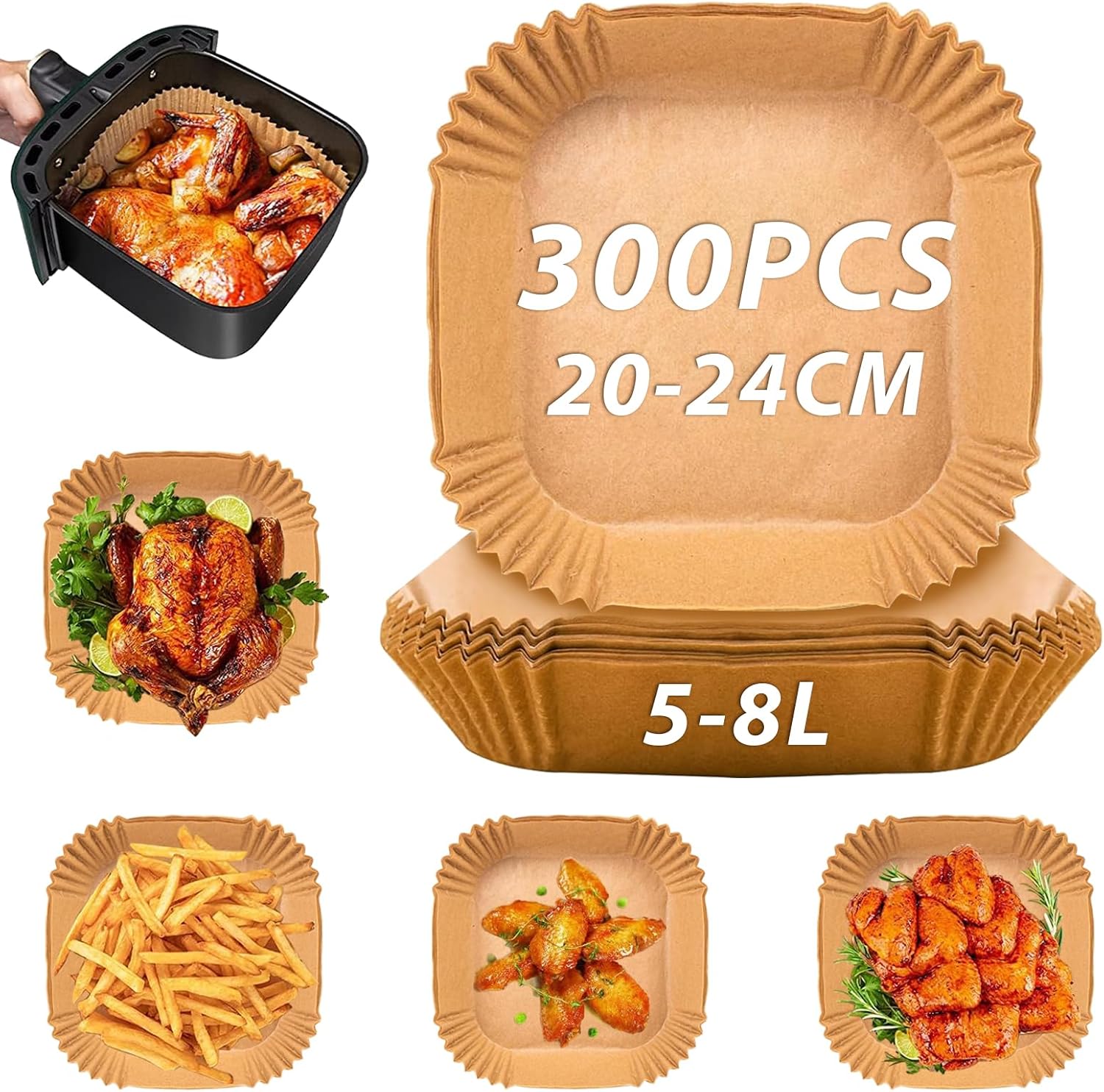 Airfryer Baking Paper XXL - Set of 300 - 20-24 cm - Disposable Inserts for Large Airfryers (5L-12L) - Oil Resistant - Image 1