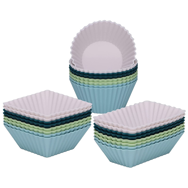 Silicone Muffin Mold Set - 24 Pieces - Reusable Cupcake Molds - Round, Square & Rectangular - Blue & White - Image 1